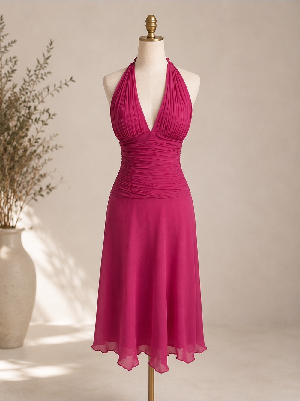 Vintage Cache Pink Silk Halter Dress 8 Ruched Empire Waist Y2K Party Cocktail